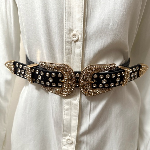 Black PU leather gold tone buckle western style elastic waistband skinny belt - Picture 1 of 7